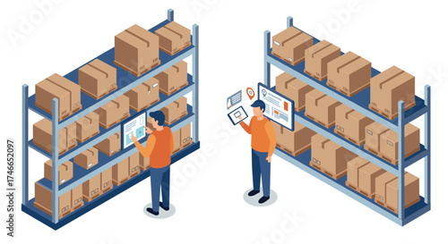 Warehouse inventory management isometric concept with workers scanning and organizing boxes