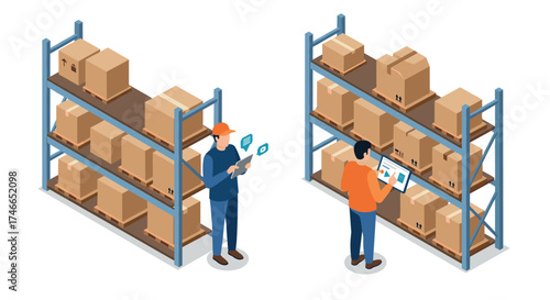 Warehouse logistics with workers managing inventory on shelves in isometric style