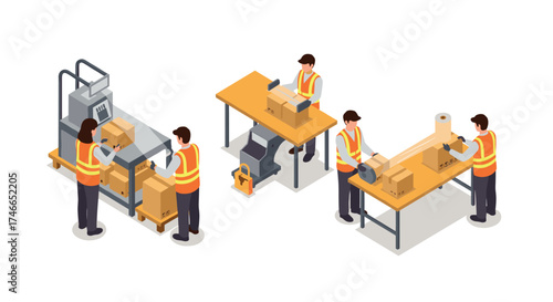 Warehouse workers packaging process in isometric style with conveyor