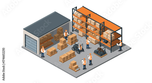 Efficient warehouse operations concept with workers and shelves in isometric style