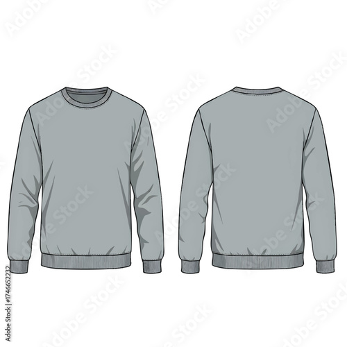 Blank Grey Long-Sleeve Crewneck Sweatshirt Vector Template - Front and Back Views - Ideal for Apparel Design Mockups, Fashion Branding, and Clothing Customization Projects