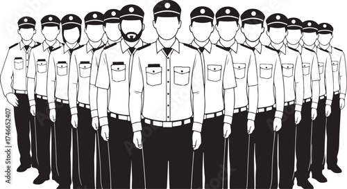 Monochrome Vector Illustration of Uniformed Professionals Standing in Formation