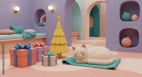 Cozy Minimalist Pastel Christmas and New Year Scene with Sleeping Cat Gifts and Yellow Tree Modern Holiday Home Interior Decor








