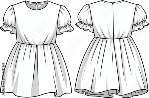 Girl’s puff sleeve dress fashion illustration, ruffle trim neckline, pleated full skirt, fitted bodice, front and back technical drawing, garment template