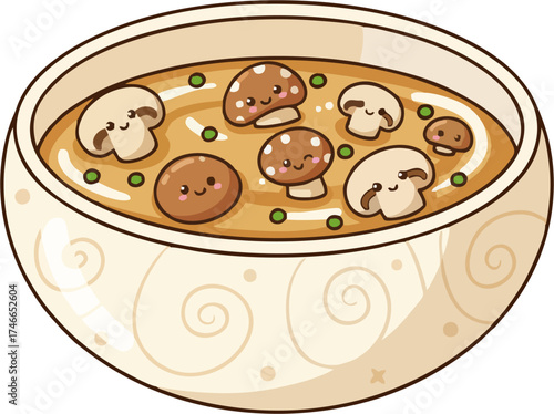 Kawaii Mushroom Soup Vector – Smiling Mushrooms in Patterned Bowl, Cute Minimal Cartoon Food