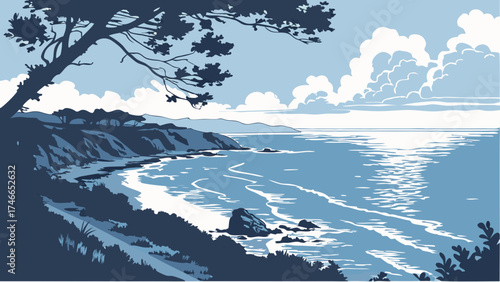 Seascape Illustration with Trees Clouds and Ocean.