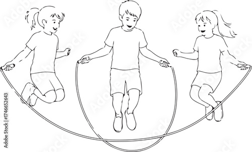 Monochrome Outline Vector of Three Happy Children Skipping Rope Play
