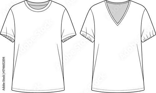 Short sleeve T‑shirt fashion illustration, crew neck and V‑neck design, front and back technical flat sketch, garment design template, apparel drawing