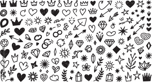 Massive Hand-Drawn Doodle Element Set: Crowns, Hearts, Diamonds, Arrows, and Nature Vector Icons for Love and Royalty Themes

