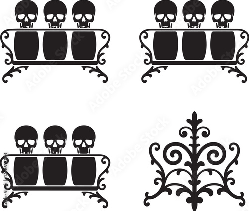 Ornate Black and White Halloween Vector Design Featuring Skulls and Decorative Ironwork for Spooky Graphic Elements