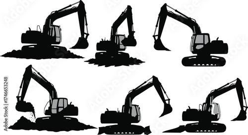 “Set of detailed excavator silhouettes in various construction positions with digging, lifting, dumping actions for heavy equipment industry vector illustration”