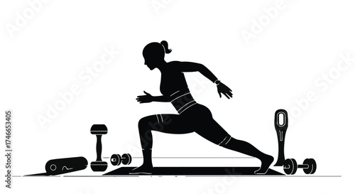 Silhouette of woman in dynamic lunge pose on yoga mat with fitness equipment