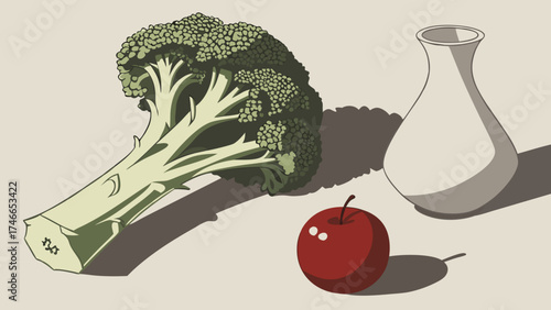 Still Life with Broccoli Apple and Vase.
