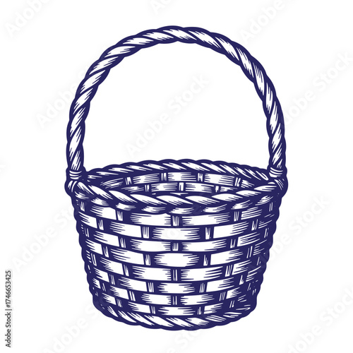 Vintage hand drawn woven basket illustration with detailed braided handle and texture