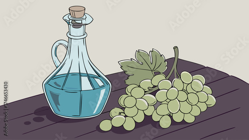 Still life with glass decanter and green grapes on wooden surface.
