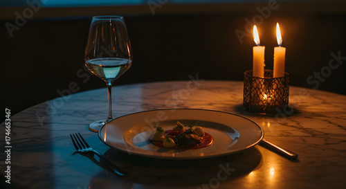 Romantic dinner with candles and wine in low light. Elegant table setup highlighting fine dining mood and cinematic restaurant atmosphere.