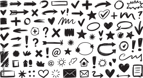 Essential Hand-Drawn Marker Doodle Set: Arrows, Shapes, Checkmarks, Question Marks, and Communication Icons Vector Collection

