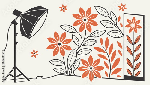 Studio lighting setup with floral backdrop photography illustration design element flat lay graphic design vector art.