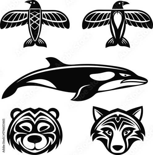 native, american, tribal, art, icon, set, glyph, silhouette, haida, tlingit, pacific, northwest, totem, animal, wildlife, nature, culture, traditional