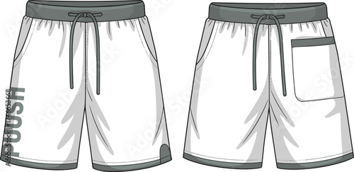 Men’s athletic shorts fashion illustration, drawstring waistband, contrast trim, printed text detail, back pocket design, front and back technical drawing