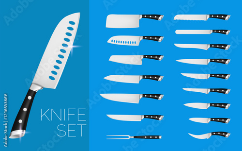 A set of realistic knives on a blue background