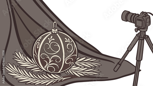 Studio Photography Setup with Ornate Christmas Ornament and Camera on Tripod.