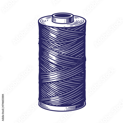 Vintage illustration of a spool of thread in a bold blue and white engraved style