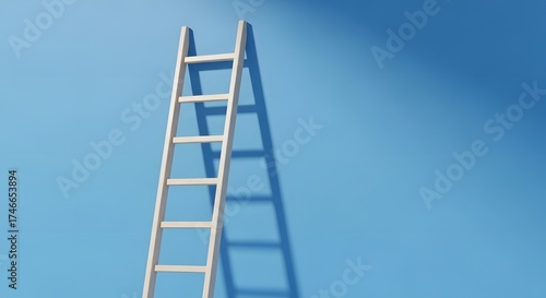 A wooden ladder casting a long shadow on a blue wall