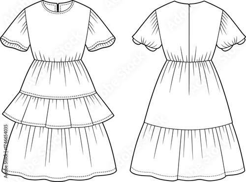 Girl’s tiered dress fashion technical drawing, flutter sleeve round neck design, fitted bodice with layered skirt, garment flat sketch apparel illustration