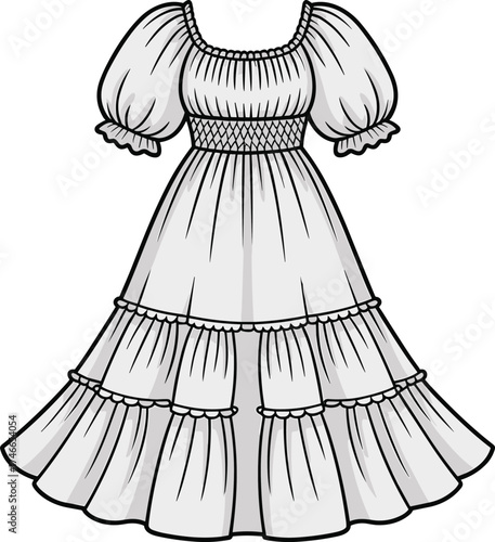 Women’s vintage puff sleeve dress fashion illustration, smocked waist bodice, tiered ruffle skirt, romantic feminine style, garment design template, apparel sketch