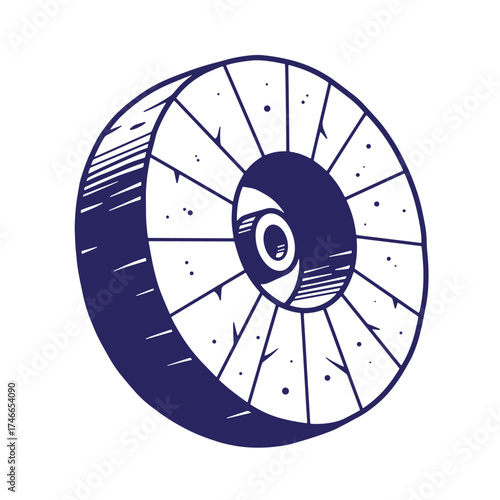 Vintage illustration of a stylized wheel with radial spokes and artistic detailing