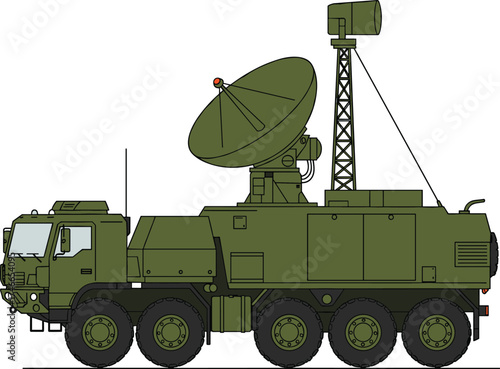 Military radar truck, electronic warfare vehicle, battlefield communication system, surveillance technology, antenna array, defense equipment, olive green, armored transport, vector 