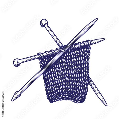 Vintage illustration of knitting needles and knitted fabric isolated on white background