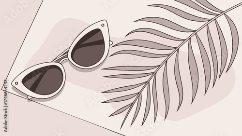 Stylish Sunglasses and Tropical Leaf Illustration Minimalist Fashion Design Summer Vibe Neutral Tones Flat Lay.