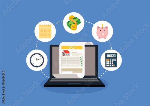 Concept tax payment. Data analysis, paperwork, financial research report and calculation of tax return. Payment of debt
