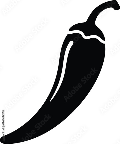Black silhouette of a single spicy chili pepper with a stem isolated on transparent background