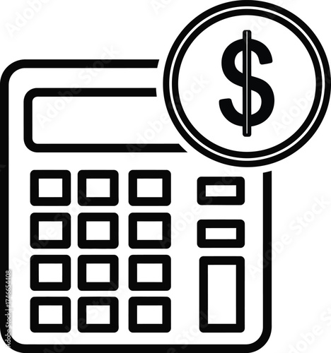 Simple black and white line art illustration of a calculator with a dollar coin on a transparent background isolated on transparent background