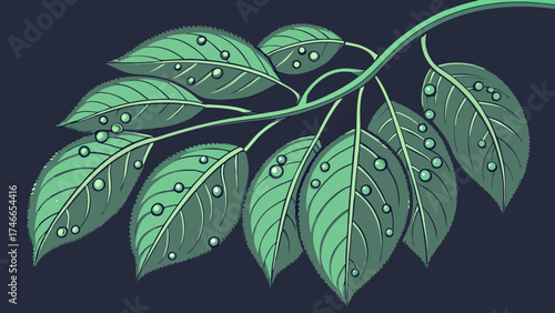 Stylized illustration of a branch with dew drops on leaves.