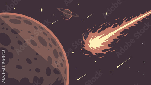 Stylized Illustration of a Comet Approaching a Planet in Space with Shooting Stars and a Ringed Planet in the Background.