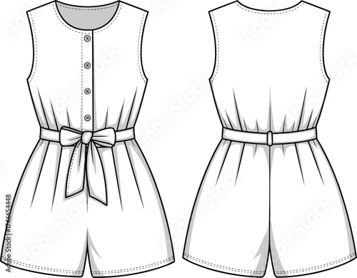 Sleeveless romper fashion illustration, front and back technical drawing, button down design, tied waist belt, pleated shorts, garment template, apparel sketch
