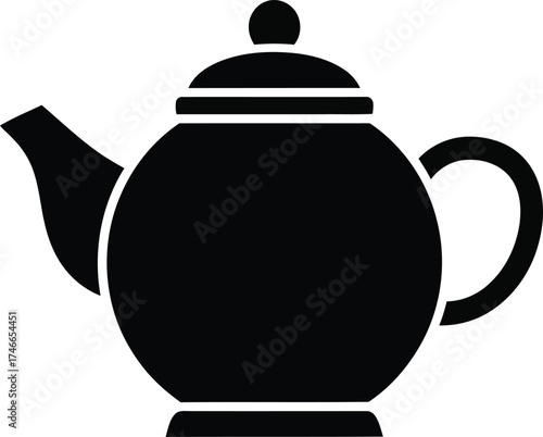 Classic black silhouette of a traditional teapot with a lid and handle isolated on transparent background