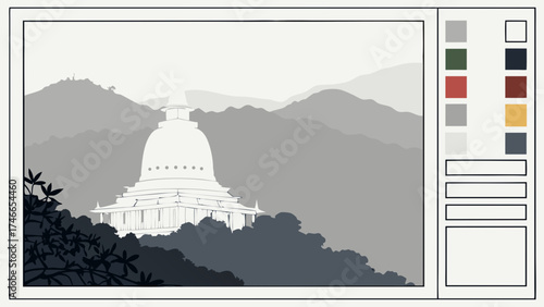 Stylized illustration of a religious structure in a mountain landscape.