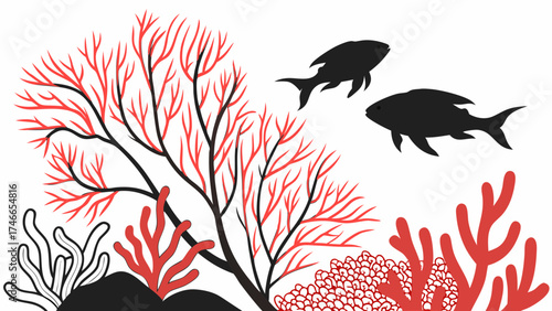 Underwater Scene with Stylized Coral and Fish.