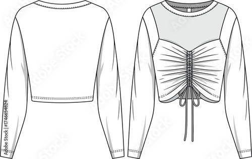 Women’s long sleeve crop top fashion illustration, mesh yoke neckline, ruched drawstring front, puff sleeve cuffs, garment design template, apparel sketch