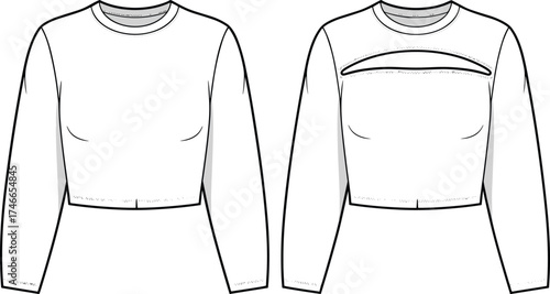 Women’s cropped long sleeve top fashion illustration, plain design and chest seam panel variation, front and back technical drawing, garment template