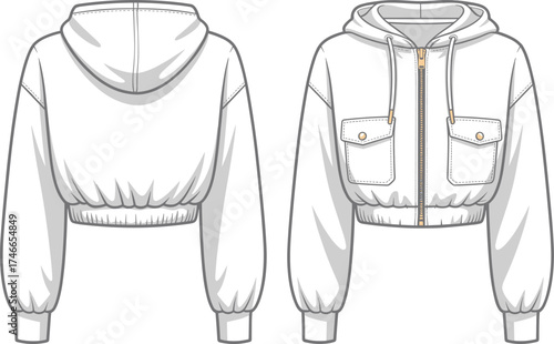 White cropped hoodie fashion illustration, front and back technical drawing, zipper closure, flap pockets, ribbed hem, garment design template, apparel sketch