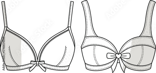 Fashion lingerie bra illustration, front technical drawing, decorative bow details, dotted trim, panel stitching, garment design template, underwear sketch, apparel fashion design