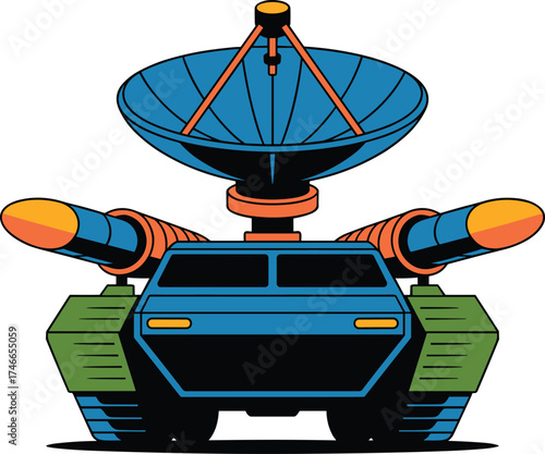Futuristic military vehicle, satellite dish, missile launcher, cartoon style, blue green body, bold colors, vector illustration, surveillance machine, defense icon, minimal design