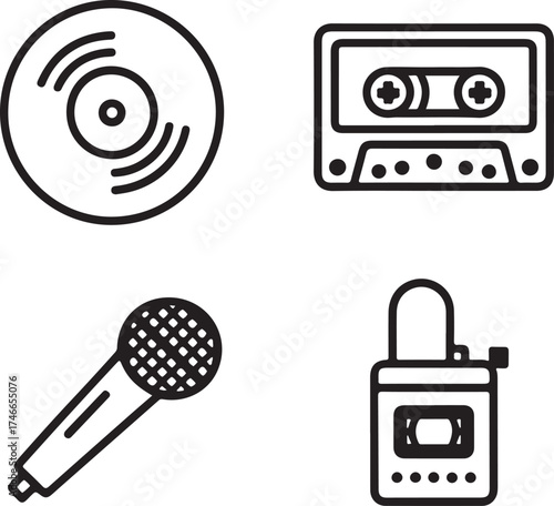 Music & Recording Line Art Icons - Vinyl, Cassette, Microphone & Recorder