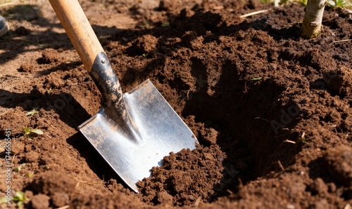 A close-up shot of a shovel digging into rich, dark soil with dirt flying up, emphasizing gardening and labor